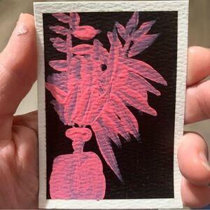 ACEO Original Miniature Abstract Painting- Pink Botanical Art Card